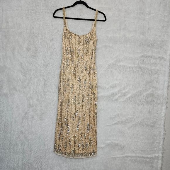 MAC DUGGAL Square Neck Golden Striped Sequin Sleeveless Midi Dress 8 - Picture 2 of 12